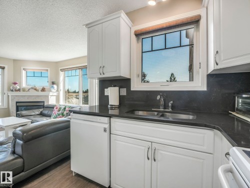 Kitchenette featuring white cabinetry, dark countertops, and a double basin sink - 317 2420 108 Street, Edmonton, AB - Indoor Photo Showing Kitchen With Fireplace With Double Sink
