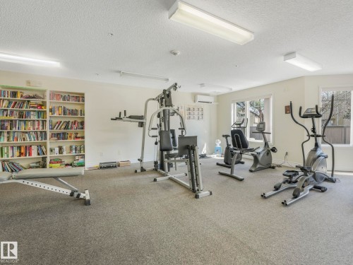 Indoor fitness area featuring carpet flooring and multiple windows - 317 2420 108 Street, Edmonton, AB - Indoor Photo Showing Gym Room