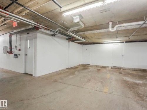 Concrete flooring with visible utility piping and fluorescent lighting - 317 2420 108 Street, Edmonton, AB - Indoor Photo Showing Garage