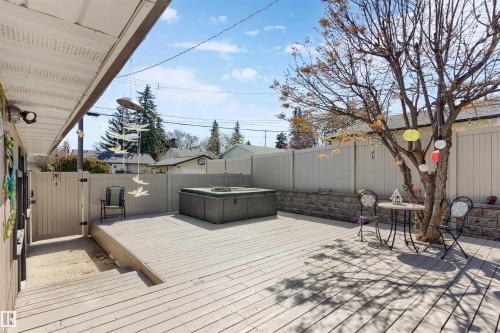 Expansive deck space featuring a hot tub, a built-in privacy fence, and a mature tree - 10803 52 Street, Edmonton, AB - Outdoor With Deck Patio Veranda