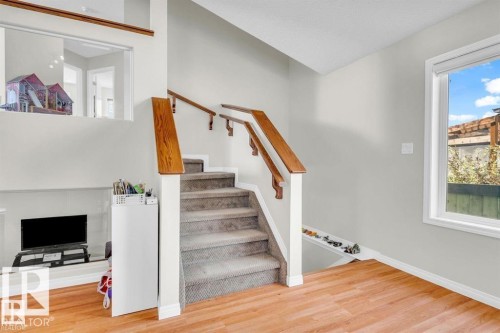 Staircase featuring wood handrails and carpeted treads - 21223 92 Avenue, Edmonton, AB - Indoor Photo Showing Other Room