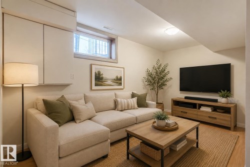 Finished lower-level space featuring recessed lighting, a built-in window, light wood-finish flooring, and built-in wall cabinetry - 10620 68 Avenue, Edmonton, AB - Indoor Photo Showing Living Room