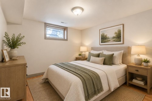 Bedroom featuring light-toned walls, wood-finish flooring, and a window with a grey trim - 10620 68 Avenue, Edmonton, AB - Indoor Photo Showing Bedroom