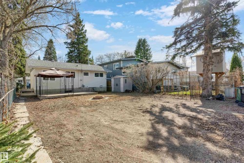 Rear exterior featuring a concrete patio with an attached gazebo structure, a white storage shed, and mature perimeter trees - 10620 68 Avenue, Edmonton, AB - Outdoor
