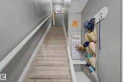 Carpeted staircase featuring white handrails and neutral gray wall paint - 