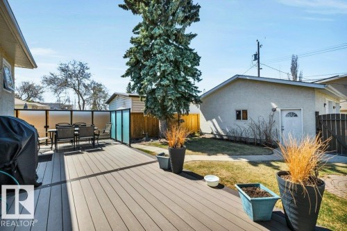 Expansive outdoor deck featuring composite decking, frosted panel privacy screens, and direct access to a rear yard with a detached structure - 10616 136 Street, Edmonton, AB - Outdoor With Deck Patio Veranda With Exterior