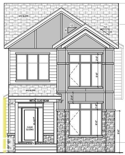 Architectural Drawing. Illustrating the exterior elevation of the property with dimensional and material specifications - 6129 Crawford Drive, Edmonton, AB - Other