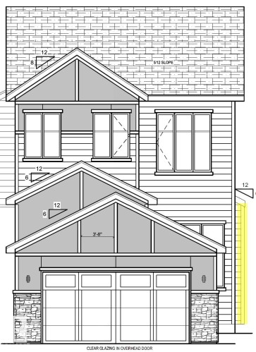 Architectural Drawing. Illustrating the front elevation and design specifications of the property - 6129 Crawford Drive, Edmonton, AB - 