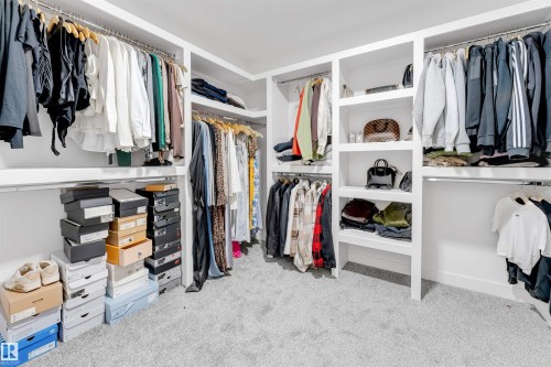 Organized walk-in closet featuring white built-in shelving, chrome hanging rods, and light gray carpet flooring - 7007 169 Avenue Nw, Edmonton, AB - Indoor With Storage