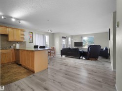 Open-concept living space featuring wood-finish flooring, a kitchen island with stone-finish countertop, light-toned cabinetry, track lighting, and a ceramic tile kitchen floor - 