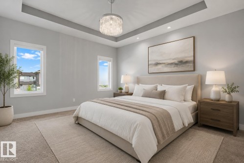 Tray ceiling with recessed lighting and a decorative chandelier. Virtually Staged. - 635 42 Street, Edmonton, AB - Indoor Photo Showing Bedroom