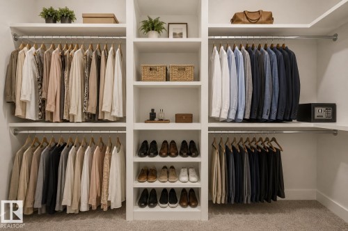 White built-in closet system featuring multiple hanging rods, open shelving, and integrated shoe storage. Virtually Staged. - 635 42 Street, Edmonton, AB - Indoor With Storage