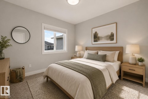 Bedroom featuring carpet flooring, a large window, and light-toned walls. Virtually Staged. - 635 42 Street, Edmonton, AB - Indoor Photo Showing Bedroom