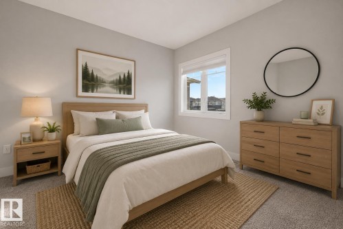 Carpeted room featuring a white-framed window, light gray walls, and a light wood-finish nightstand. Virtually Staged. - 635 42 Street, Edmonton, AB - Indoor Photo Showing Bedroom