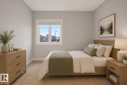 Bedroom featuring light gray walls and a single window with white trim. Virtually Staged. Showing a different furniture layout for the room. - 635 42 Street, Edmonton, AB - Indoor Photo Showing Bedroom