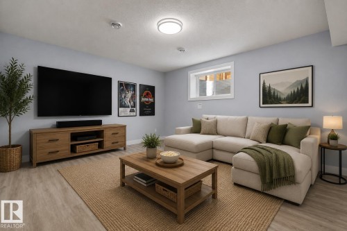 Spacious open-concept room featuring light-toned wood-finish flooring, a contemporary flush-mount ceiling light, and a window with horizontal blinds. Virtually Staged. - 635 42 Street, Edmonton, AB - Indoor Photo Showing Living Room