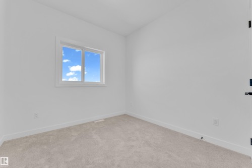 Bright interior space featuring a double-pane window, light-colored carpeting, white baseboards, and a contemporary door with matte black hardware - 173 Graybriar Drive, Stony Plain, AB - Indoor Photo Showing Other Room