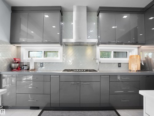 Contemporary kitchen featuring high-gloss gray cabinetry and integrated stainless steel appliances - 913 Wood Place, Edmonton, AB - Indoor Photo Showing Kitchen With Upgraded Kitchen