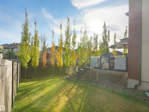 Spacious backyard featuring a manicured lawn, a raised wooden deck with lattice skirting, and a glass-paneled railing - 913 Wood Place, Edmonton, AB - Outdoor