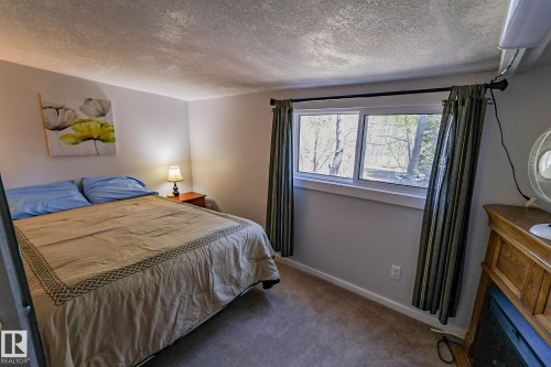 Bedroom featuring light gray wall paint, a window with a wooded outdoor scene, and neutral carpeting - 331 60417 Range Road 124, Rural St. Paul County, AB 