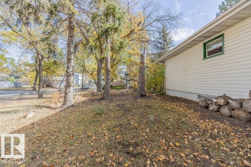 Mature trees and varied foliage surround the property, featuring light-colored siding - 12339 89 Street, Edmonton, AB - Outdoor