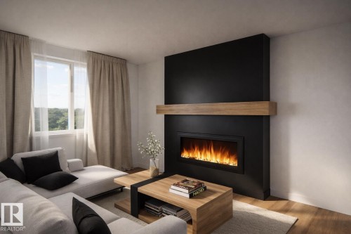 Contemporary fireplace with a wood-finish mantel and black surround - 18 Brickyard View, Stony Plain, AB - Indoor Photo Showing Living Room With Fireplace