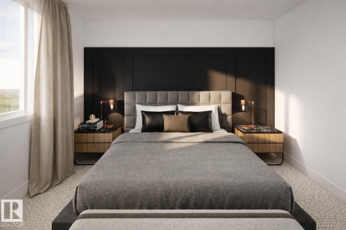 Bedroom featuring a paneled accent wall, upholstered headboard, and dual-drawer nightstands with stone tops - 18 Brickyard View, Stony Plain, AB - Indoor Photo Showing Bedroom