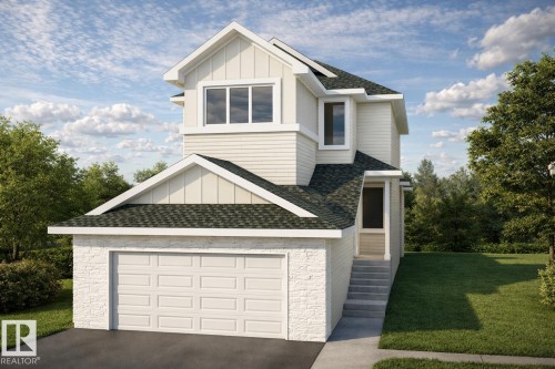 Modern residential exterior featuring light-colored siding, a dark shingled roof, a two-car garage with a panel door, and a stone facade accent - 22 Brickyard View, Stony Plain, AB - Outdoor