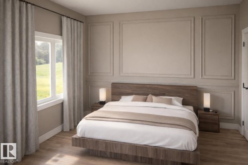 Spacious room featuring wood-finish flooring, a large window with a white frame, and paneled wall detailing - 22 Brickyard View, Stony Plain, AB - Indoor Photo Showing Bedroom