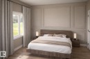 Spacious room featuring wood-finish flooring, a large window with a white frame, and paneled wall detailing - 22 Brickyard View, Stony Plain, AB  - Indoor Photo Showing Bedroom 