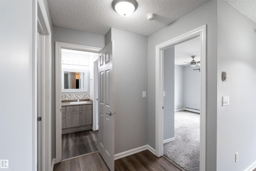 Hallway featuring light gray wall paint, wood-finish flooring, and white trim - 4407 23 Street, Edmonton, AB - Indoor Photo Showing Other Room