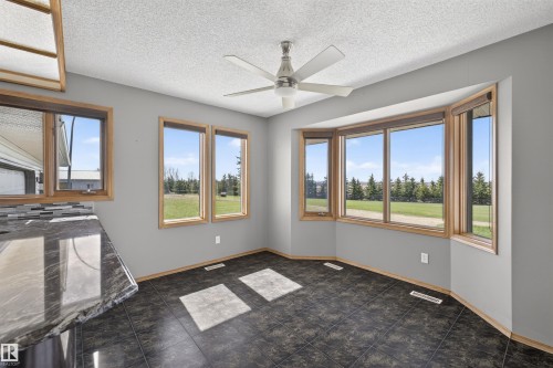 Bay window with natural wood trim, contemporary ceiling fan, dark tile flooring, and light gray walls - 19403 Fort Road, Edmonton, AB - Indoor Photo Showing Other Room