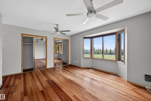 Expansive bay window featuring wood trim, hard surface flooring, and mirrored closet doors - 19403 Fort Road, Edmonton, AB - Indoor Photo Showing Other Room
