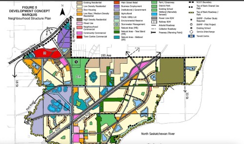 Development Concept Marquis Neighbourhood Structure Plan. Outlining land use designations and infrastructure for the property - 19403 Fort Road, Edmonton, AB - Other