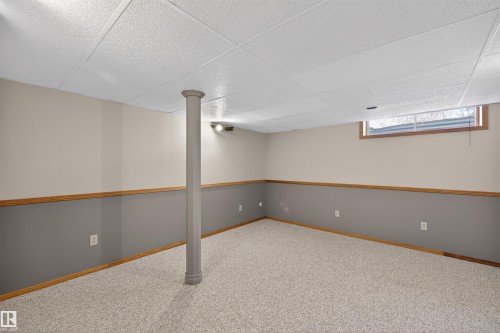 Finished room featuring textured carpet, a drop ceiling, and a structural column - 19403 Fort Road, Edmonton, AB - Indoor