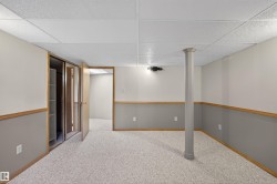 Spacious room featuring light-colored carpet flooring, two-tone painted walls with wood trim, and a drop ceiling - 
