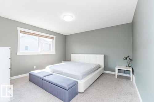 Spacious bedroom featuring light gray walls, white trim, and light-colored carpet flooring - 9748 205 Street, Edmonton, AB - Indoor Photo Showing Bedroom