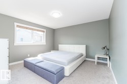 Spacious bedroom featuring light gray walls, white trim, and light-colored carpet flooring - 