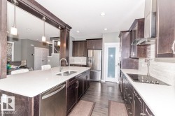 Open-concept kitchen featuring an expansive island with a stainless steel sink, dark wood-finish cabinetry, light-toned countertops, and integrated stainless steel appliances - 