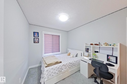 Light-filled room featuring neutral wall tones, textured ceiling, and grey carpet flooring - 1221 27 Street, Edmonton, AB - Indoor Photo Showing Bedroom