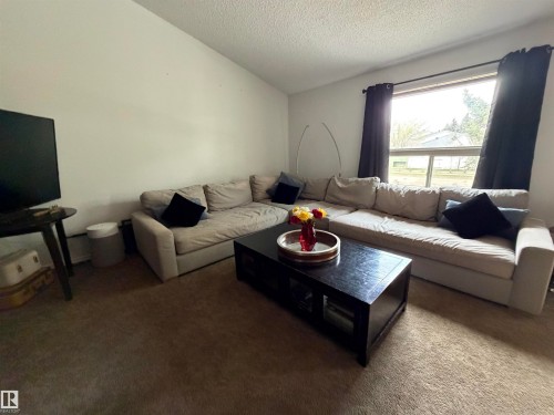 Bright living area featuring a large window with privacy coverings, neutral carpeting, and sloped ceiling - 1875 Mill Woods Road E, Edmonton, AB - Indoor Photo Showing Living Room
