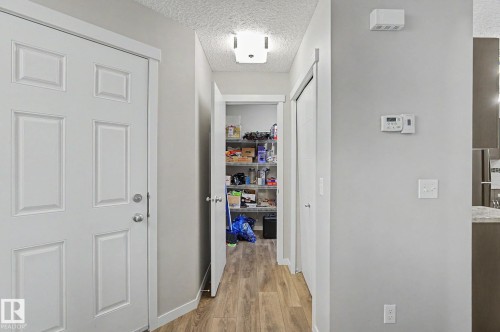 Hallway featuring wood-finish flooring, a six-panel entry door, and a utility closet - 1211 29 Street, Edmonton, AB - Indoor Photo Showing Other Room