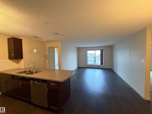 The kitchen features dark wood cabinetry, a stainless steel dishwasher, a double basin sink, and pendant lighting - 313 6084 Stanton Drive, Edmonton, AB - Indoor Photo Showing Kitchen With Double Sink