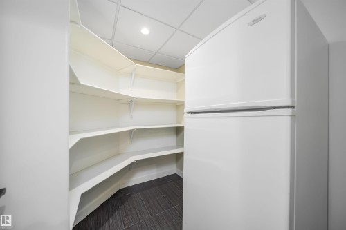 Walk-in pantry with extensive white shelving, dark tile flooring, and recessed ceiling lighting - 126 Harrison Drive, Edmonton, AB - Indoor With Storage
