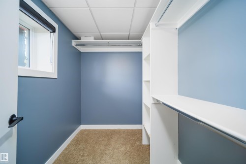 Walk-in closet featuring built-in shelving, hanging rods, an egress window, carpet flooring, and a drop ceiling - 126 Harrison Drive, Edmonton, AB - Indoor