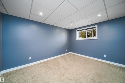 Carpeted room featuring a white drop ceiling with recessed lighting, blue walls, a white-trimmed window, and white baseboards - 126 Harrison Drive, Edmonton, AB - Indoor Photo Showing Other Room
