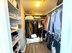 Walk in closet with dark wood-type flooring and attic access - 