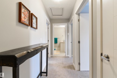 Hallway featuring light gray carpeting, crisp white trim, and multiple interior doors with modern hardware - 4914 47 Street, Redwater, AB - Indoor Photo Showing Other Room