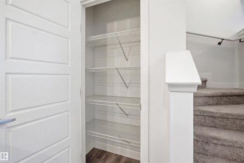 Pantry storage featuring wire shelving, hardwood style flooring, and a paneled door - 4047 Hawthorn Link Link, Edmonton, AB - Indoor