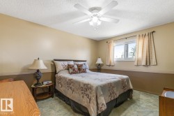 Bedroom featuring a ceiling fan with integrated lighting, a dual-tone painted wall design, a window with exterior views, and wall-to-wall carpeting - 